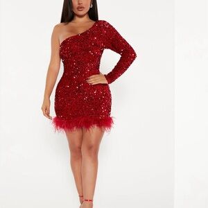 Fashion Nova Red Sequin One-Shoulder Mini Dress